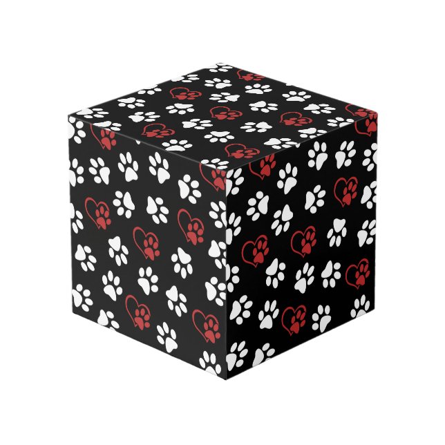 Pattern Of Paws, White Paws, Red Paws, Hearts Cube (Front Angled)