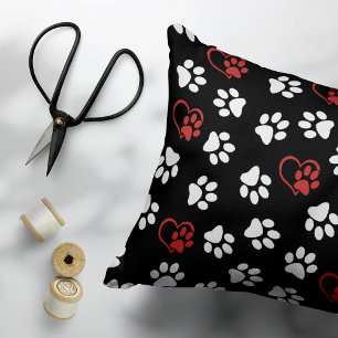 Pattern Of Paws, White Paws, Red Paws, Hearts Decorative Cushion