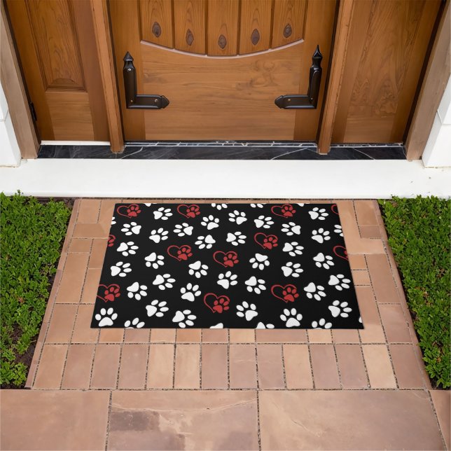 Pattern Of Paws, White Paws, Red Paws, Hearts Doormat (Outdoor)