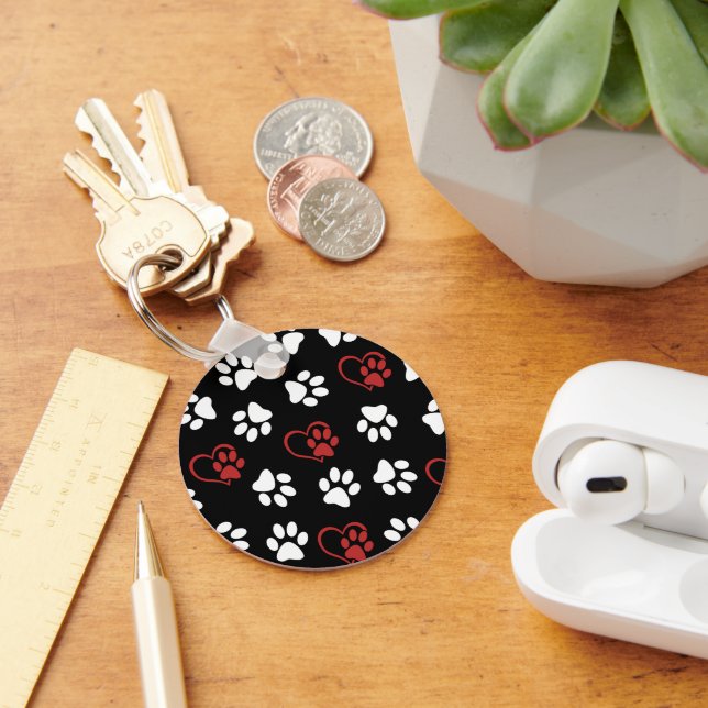 Pattern Of Paws, White Paws, Red Paws, Hearts Key Ring (Desk)