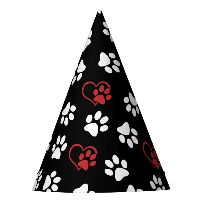Pattern Of Paws, White Paws, Red Paws, Hearts Party Hat (Front)
