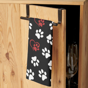 Pattern Of Paws, White Paws, Red Paws, Hearts Tea Towel