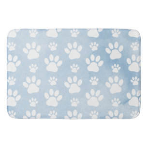 Pattern Of Paws, White Paws, Watercolors, Blue Bath Mat
