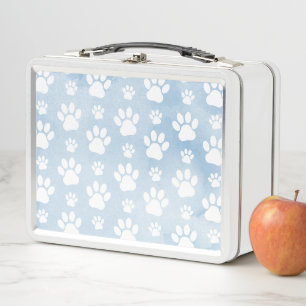 Pattern Of Paws, White Paws, Watercolors, Blue Metal Lunch Box