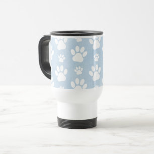 Pattern Of Paws, White Paws, Watercolors, Blue Travel Mug