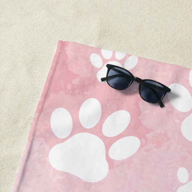 Pattern Of Paws, White Paws, Watercolors, Pink Beach Towel (In Situ)