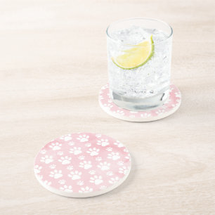 Pattern Of Paws, White Paws, Watercolors, Pink Coaster