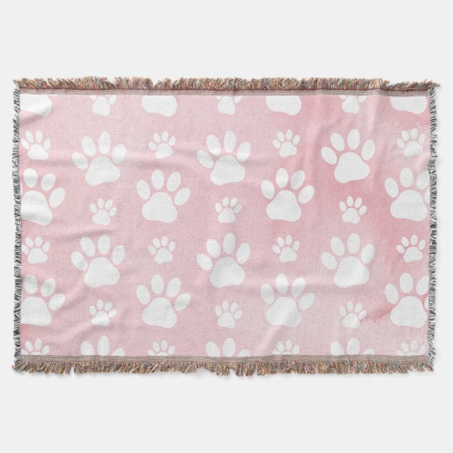 Pattern Of Paws, White Paws, Watercolors, Pink Throw Blanket (Front)