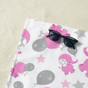 Pattern Of Pink Elephants, Cute Elephants, Stars Beach Towel
