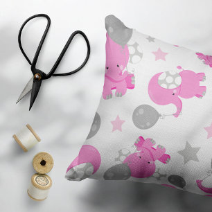 Pattern Of Pink Elephants, Cute Elephants, Stars Decorative Cushion