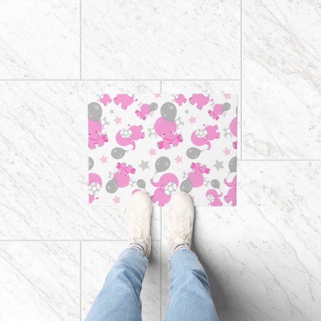Pattern Of Pink Elephants, Cute Elephants, Stars Doormat (Indoor)