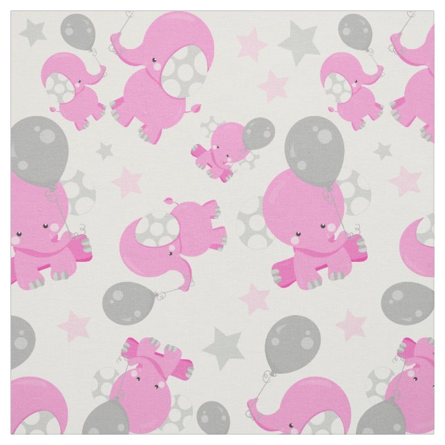 Pattern Of Pink Elephants, Cute Elephants, Stars Fabric (Swatch)