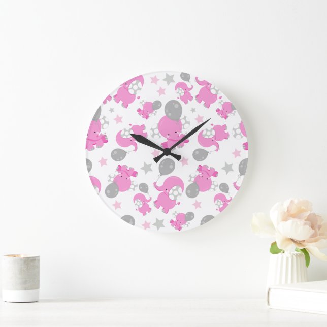 Pattern Of Pink Elephants, Cute Elephants, Stars Large Clock (Home)