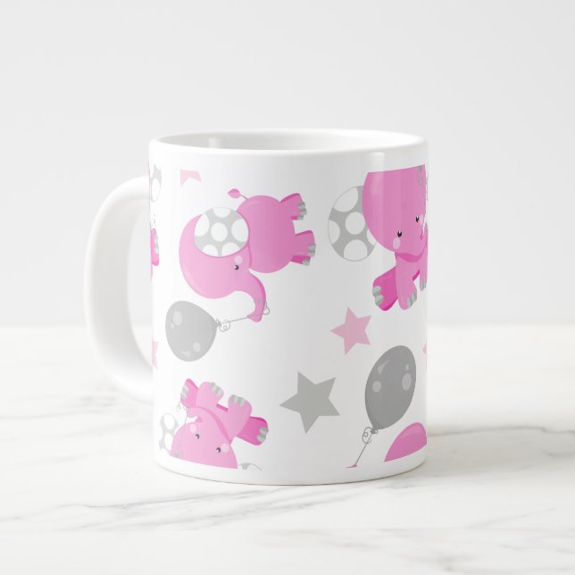 Pattern Of Pink Elephants, Cute Elephants, Stars Large Coffee Mug (Front Left)