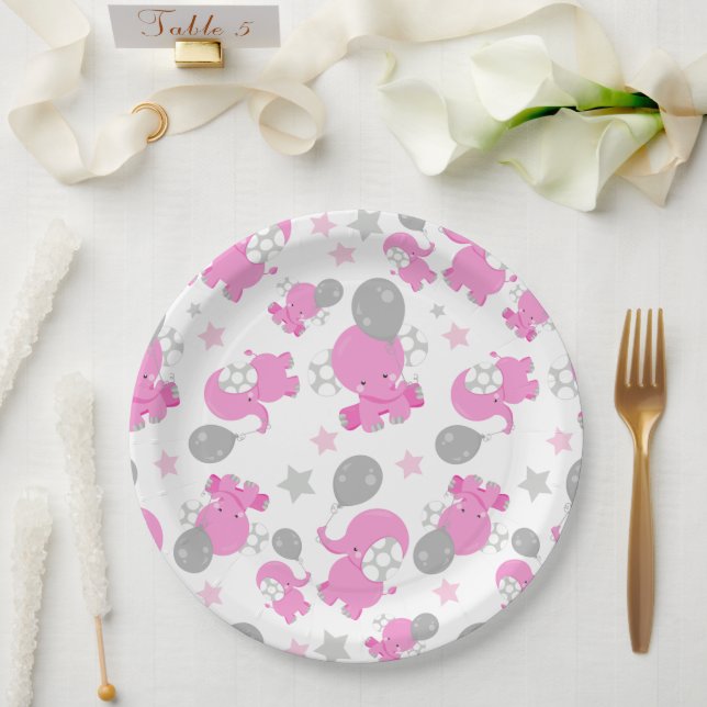 Pattern Of Pink Elephants, Cute Elephants, Stars Paper Plate (Wedding)