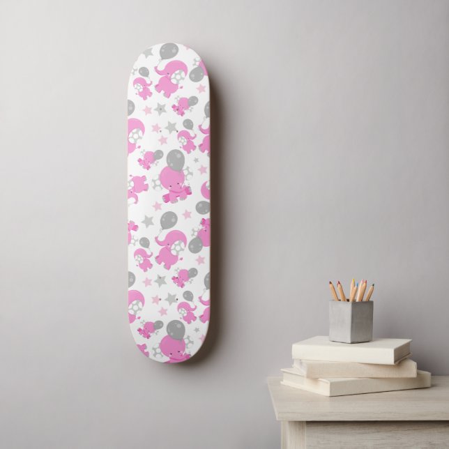 Pattern Of Pink Elephants, Cute Elephants, Stars Skateboard (Wall Art)