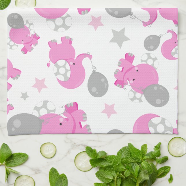 Pattern Of Pink Elephants, Cute Elephants, Stars Tea Towel (Folded)