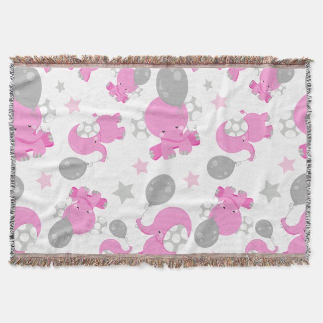 Pattern Of Pink Elephants, Cute Elephants, Stars Throw Blanket (Front)