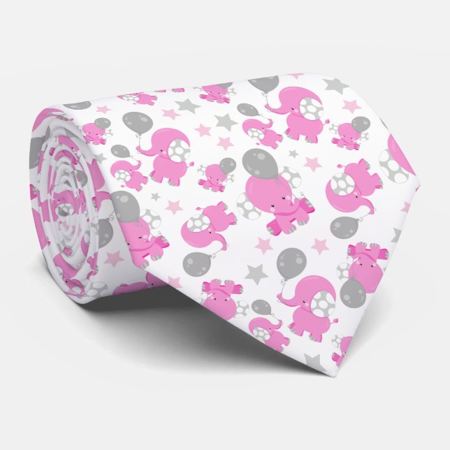 Pattern Of Pink Elephants, Cute Elephants, Stars Tie (Rolled)