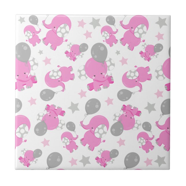 Pattern Of Pink Elephants, Cute Elephants, Stars Tile (Front)