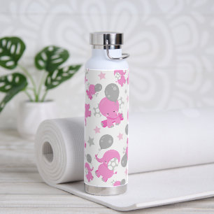 Pattern Of Pink Elephants, Cute Elephants, Stars Water Bottle