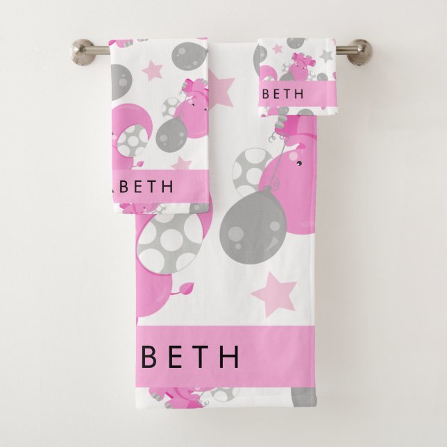 Pattern Of Pink Elephants, Stars, Your Name Bath Towel Set (Insitu)