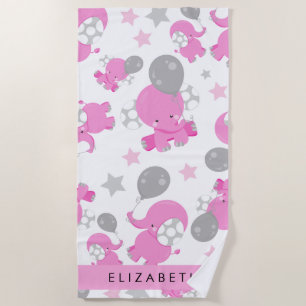 Pattern Of Pink Elephants, Stars, Your Name Beach Towel