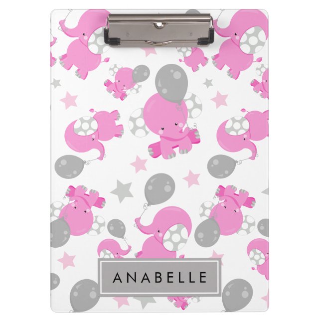 Pattern Of Pink Elephants, Stars, Your Name Clipboard (Front)