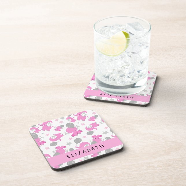Pattern Of Pink Elephants, Stars, Your Name Coaster (Right Side)