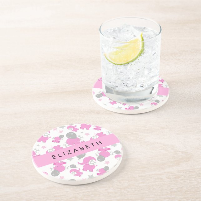 Pattern Of Pink Elephants, Stars, Your Name Coaster (Side)