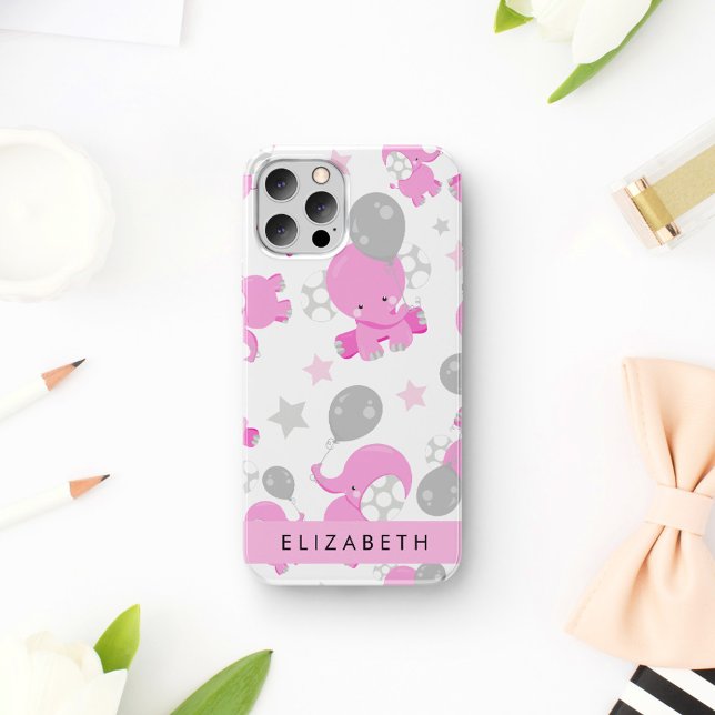 Pattern Of Pink Elephants, Stars, Your Name iPhone 16 Case (Creator Uploaded)