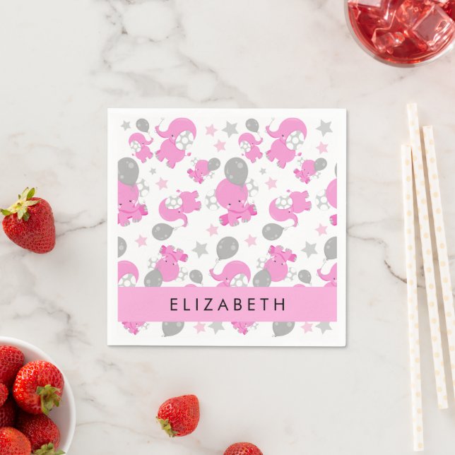 Pattern Of Pink Elephants, Stars, Your Name Napkin (Insitu)