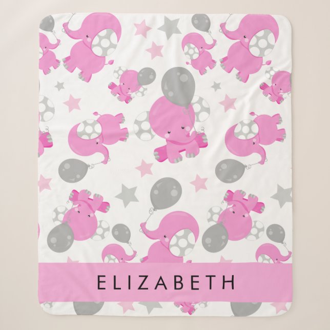 Pattern Of Pink Elephants, Stars, Your Name Sherpa Blanket (Front)