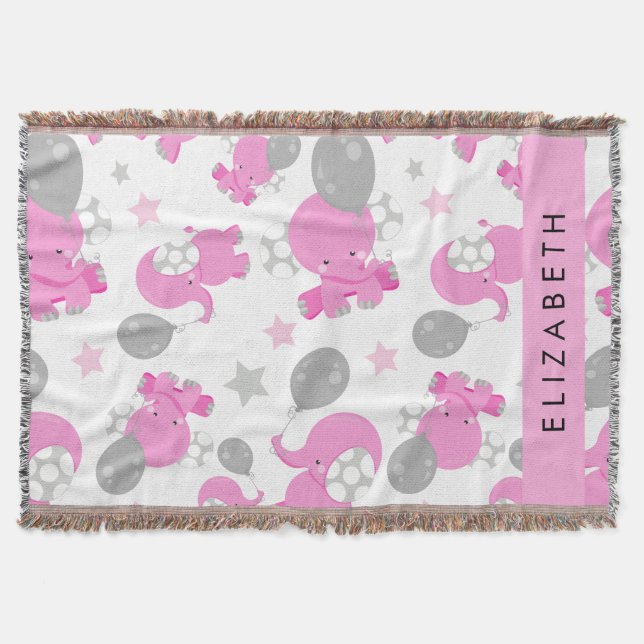 Pattern Of Pink Elephants, Stars, Your Name Throw Blanket (Front)