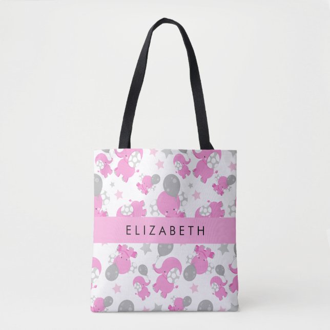 Pattern Of Pink Elephants, Stars, Your Name Tote Bag (Front)