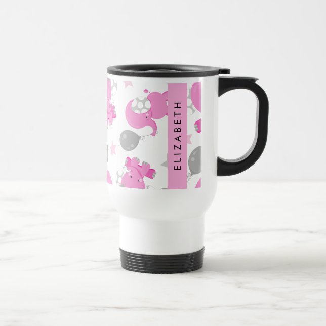 Pattern Of Pink Elephants, Stars, Your Name Travel Mug (Right)