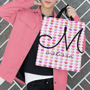 pattern of pink lips with name tote bag