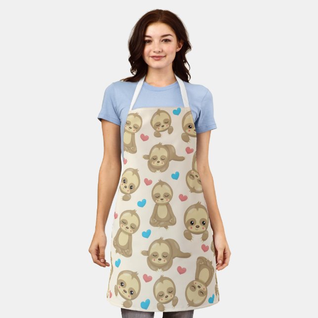 Pattern Of Sloths, Cute Sloths, Hearts Apron (Worn)