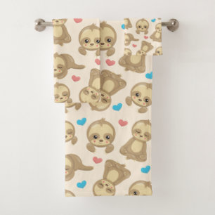 Pattern Of Sloths, Cute Sloths, Hearts Bath Towel Set