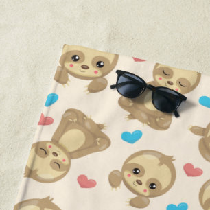 Pattern Of Sloths, Cute Sloths, Hearts Beach Towel