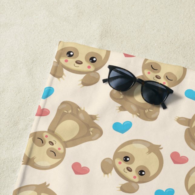 Pattern Of Sloths, Cute Sloths, Hearts Beach Towel (In Situ)