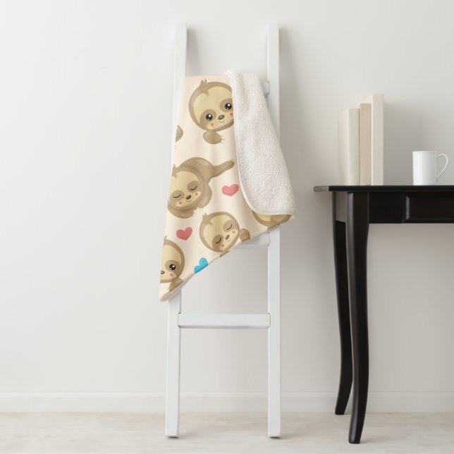 Pattern Of Sloths, Cute Sloths, Hearts Sherpa Blanket (In Situ)