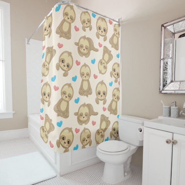Pattern Of Sloths, Cute Sloths, Hearts Shower Curtain (In Situ)