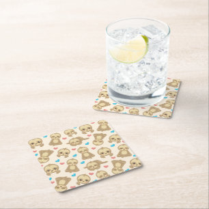 Pattern Of Sloths, Cute Sloths, Hearts Square Paper Coaster