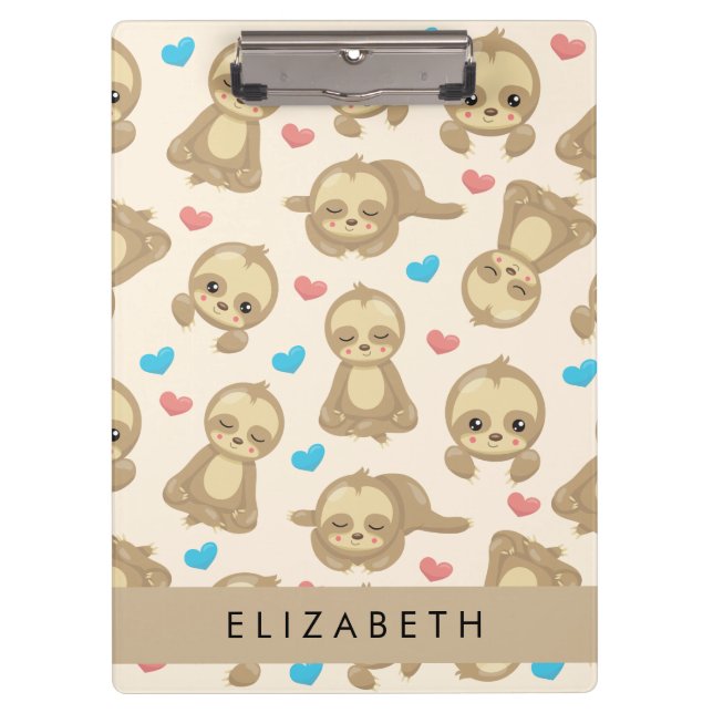 Pattern Of Sloths, Cute Sloths, Hearts, Your Name Clipboard (Front)