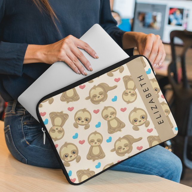 Pattern Of Sloths, Cute Sloths, Hearts, Your Name Laptop Sleeve (Creator Uploaded)