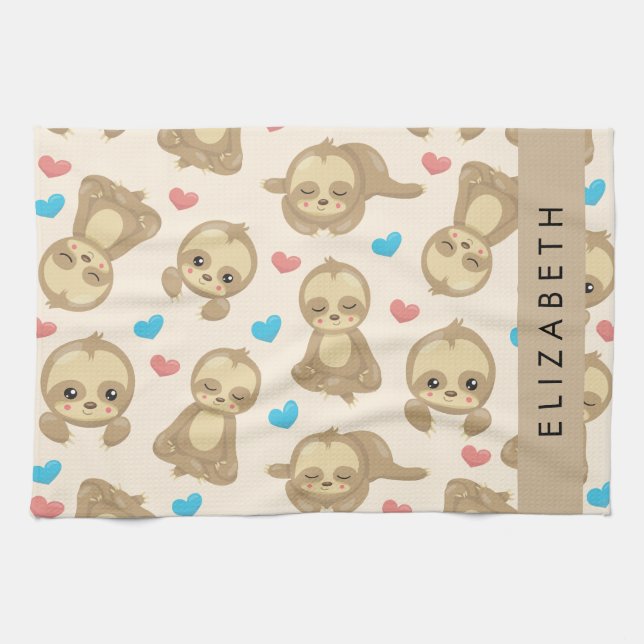 Pattern Of Sloths, Cute Sloths, Hearts, Your Name Tea Towel (Horizontal)