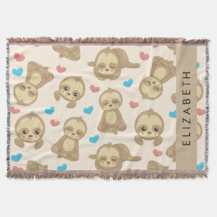 Pattern Of Sloths, Cute Sloths, Hearts, Your Name Throw Blanket