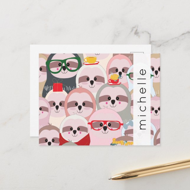 Pattern Of Sloths, Cute Sloths, Your Name Postcard (Front/Back In Situ)