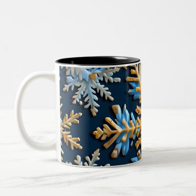  Pattern of snowflakes on a dark blue background Two-Tone Coffee Mug (Left)